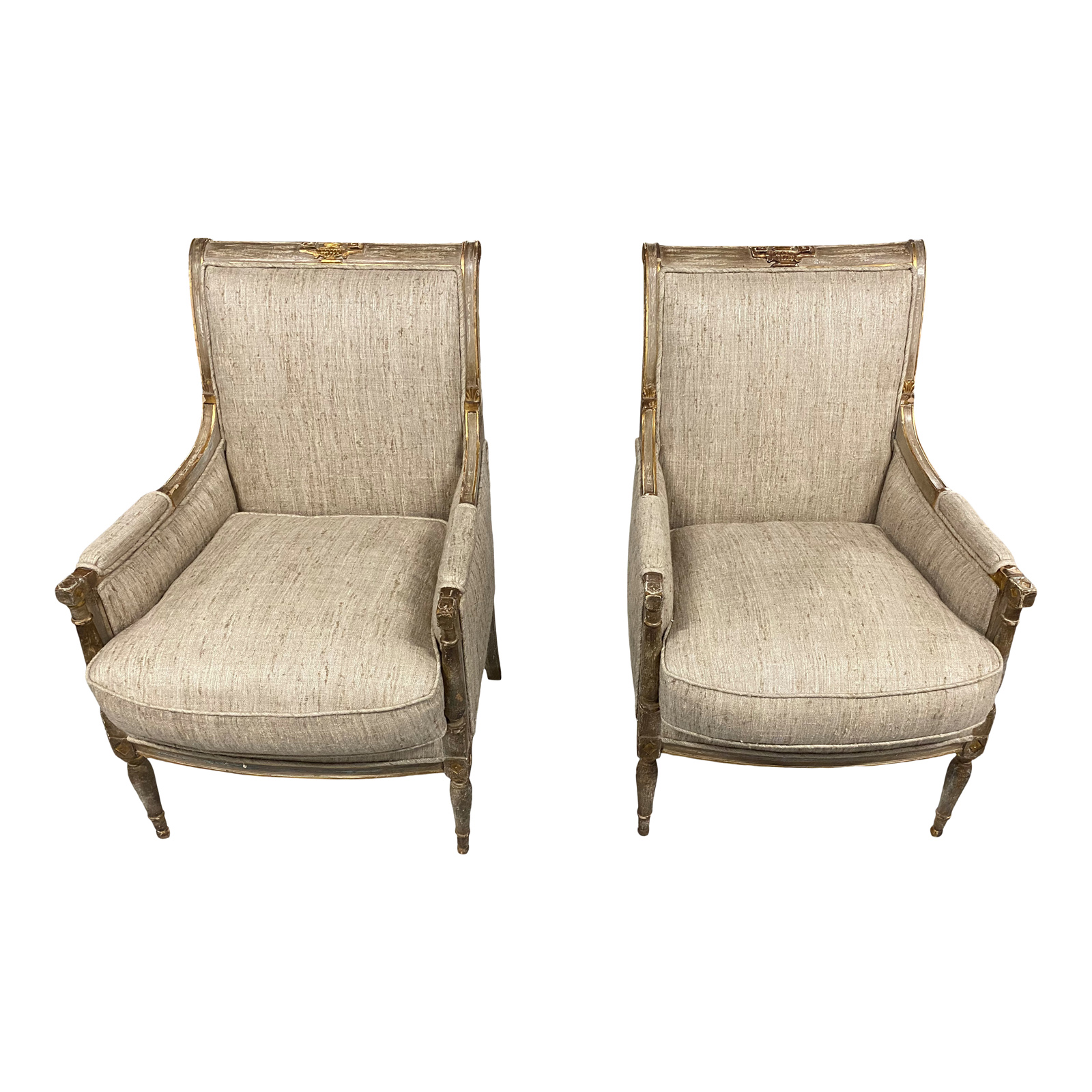 Pair of Louis XVI Style Bergère Chairs Upholstered in Raw Silk
