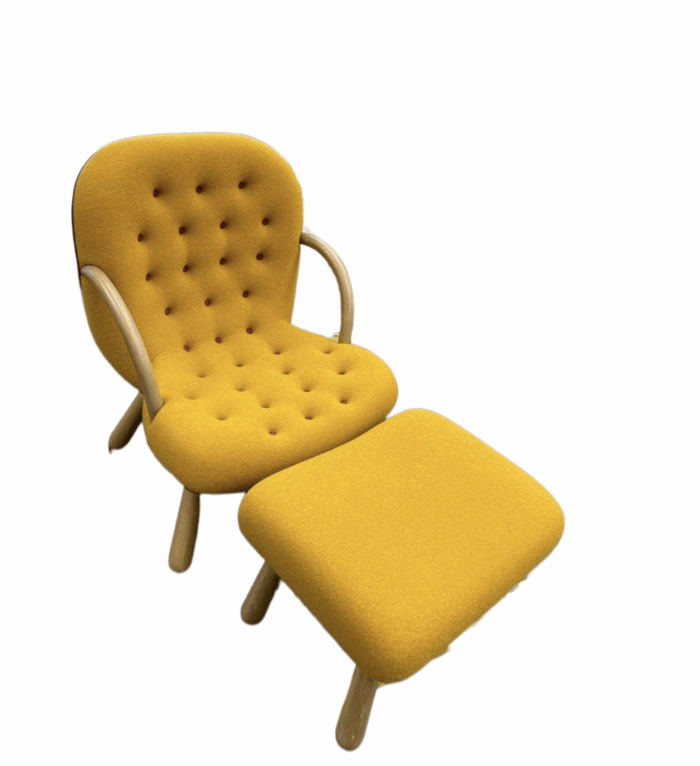 Arctander Clam Style Armchair & Ottoman Upholstered in Mustard Boiled Wool with a Fuchsia Linen Welt